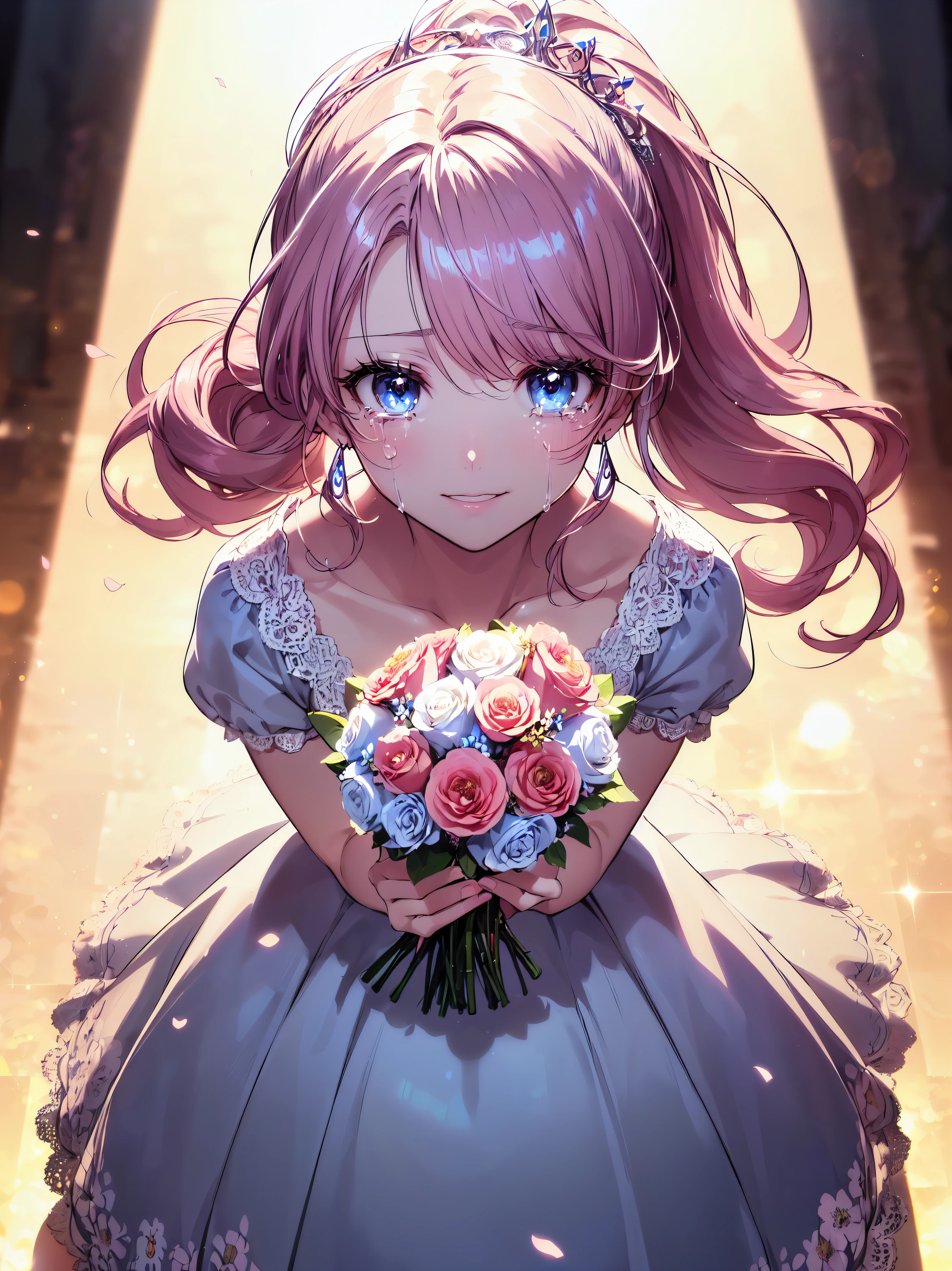 (((ultra detailed, highest quality, high resolution))), (((rococo victorian gown with volume and expanse pleated hoop skirt))), ((delicate lace, transparent satin fabric)), huge Breasts, breast focus, super detailed skin, (((solo young face princess))), 
BREAK 
(hair pink hair), (((fluffy long ponytail))), shiny hair, curly hair, asymmetry bangs, pretty jeweled tiara, crystal earrings, beautiful eyes, faint lips, delicate and beautiful face, ((beautiful happy smile and crying)), KAWAII face, 
BREAK 
(((looking at viewer, from above, front view))), (holding a bouquet of flower:1.7), cowboy shot, beautiful and shiny marble floor, highly reflective floor, (backlighting:1.5), (depth of field, face focus), caustics, (floral background:1.5), (moe anime art style:1.3), ((soft focus:1.5)), (soft edge:1.5), (lens flare:1.3), (particle effect:1.2),