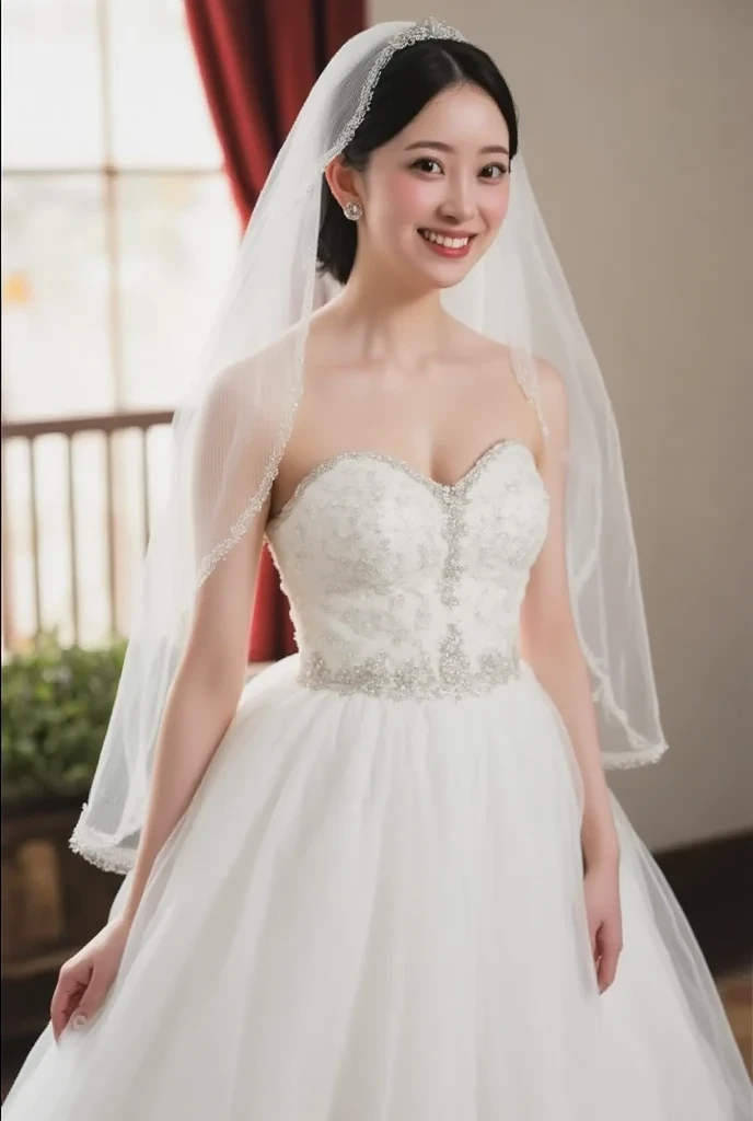 (Surrealism, Natural light, masterpiece, Super detailed, Anatomically correct), (Please pinch your skirt and dance, Grin, Looking at the camera:1.3), (Maxi Long Skirt, White Wedding Dress, Wedding Veil), (Surreal Girl, 16 years old, Small waist and large bust style, low length, Sister's Girl, Round face, Eyebrows downwards, Short Bob Cut, Black Hair, bangs, 1 earring, Vivid eyes, A slight blush, Look at the viewers, Affectionate Cute:1.2), (Wide grassland, blue sky)