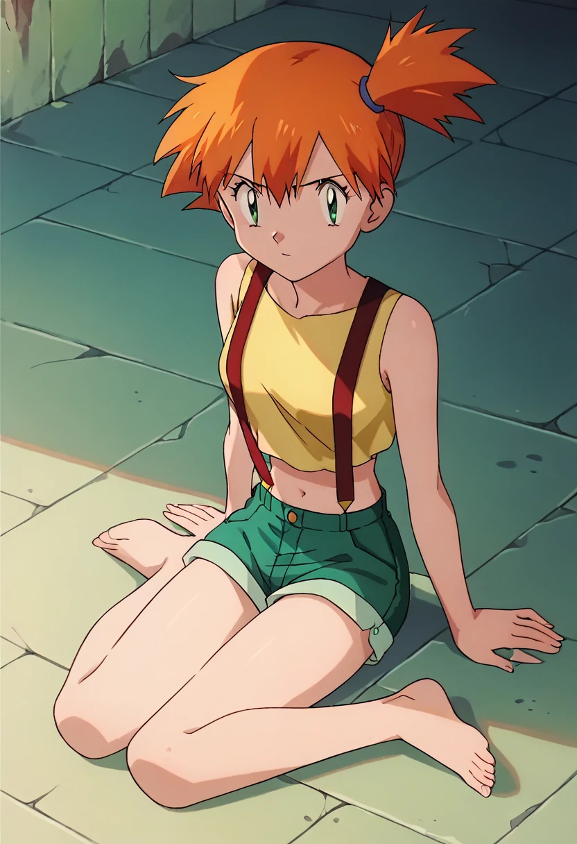 misty, 1girl, breasts, looking_at_viewer, short_hair, closed_mouth, bangs, navel, hair_between_eyes, bare_shoulders, sitting, green_eyes, full_body, lying, sleeveless, midriff, orange_hair, side_ponytail, crop_top, looking_to_the_side, eyelashes, bare_legs, sleeveless_shirt, leaning_forward, arm_support, suspenders, tank_top, denim_shorts, yellow_shirt, hair_tie, green_shorts, suspender_shorts, yellow_tank_top, full body