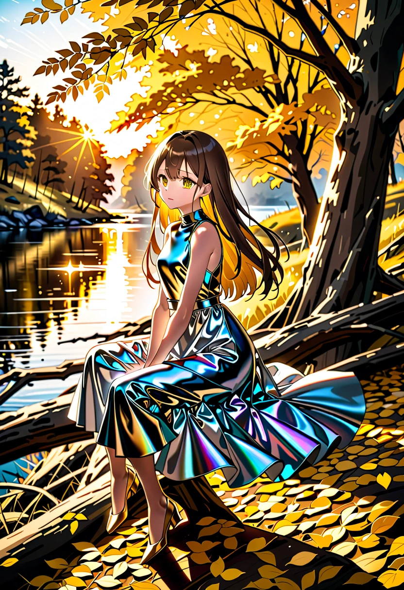 ((Autumn evening sunlight filtering through the trees :1.5、Sitting right on the prairie beside the river :1.5))、((Chibi:1.5)), ((((Taken obliquely from behind :1.5、from behind:1.5)), back view:1.5, looking back)),  one girl playing pranks, ((Top Models:1.5))、Best Quality, masterpiece,  super high definition, (Realistic:1.4),  RAW Photos,  complicated details,  big beautiful dark emerald eyes :1.5, Perfect Contour, masterpiece, Silky Long Hair,  ((Blunt Bungs:1.5, twin drilled hair:1.5)), full lips:1.5, pink lips:1.5, gloss lips:1.5, parted lips1.5, slim、Short stature:1.5、(flat chest:1.2,  tight chest:1.2, High chest:1.5),  (( super soft and loose high neck sleeveless metallic satin middle dress:1.5、 shiny super shine iridescent silver dress:1.5)), ((The background is Miscanthus :1.5、Riverbank:1.5、Yellow Leaf 、Bokeh))