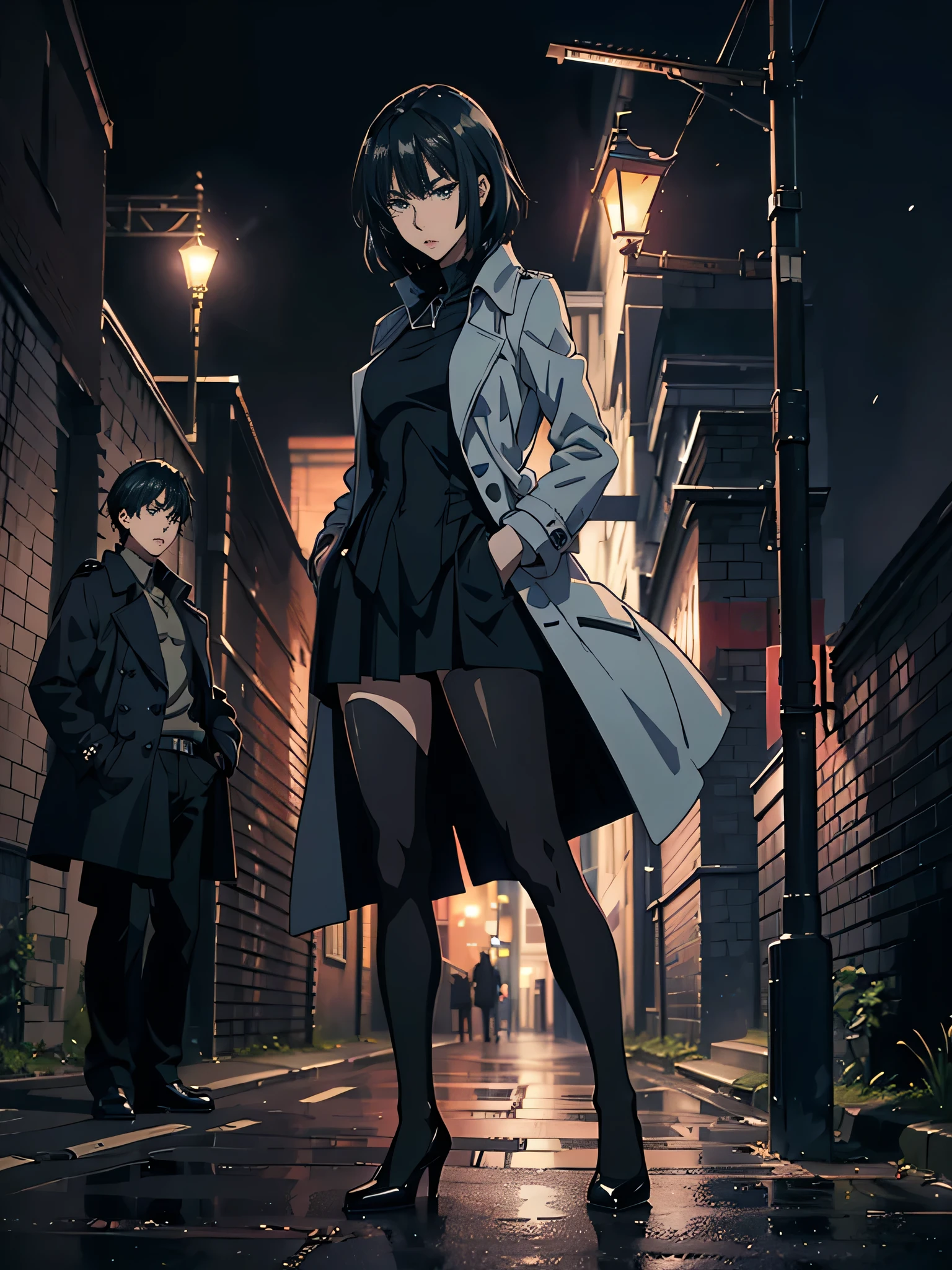 anime、High image quality、 Hi-Res、((( one woman)))、deep blue blouse 、 is wide open on the chest、 black miniskirt、Thoughtful face、 white trench coat、Under the street lamp、Leaning against a brick wall、London city at night、 tense scene for you 、((( with both hands in coat pockets)))、(((Composition of tilting slightly from below)))、 one woman