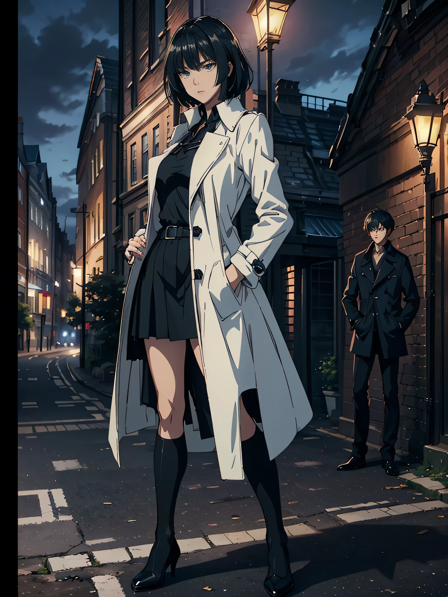 anime、High image quality、 Hi-Res、((( one woman)))、deep blue blouse 、 is wide open on the chest、 black miniskirt、Thoughtful face、 white trench coat、Under the street lamp、Leaning against a brick wall、London city at night、 tense scene for you 、((( with both hands in coat pockets)))、(((Composition of tilting slightly from below)))、 one woman