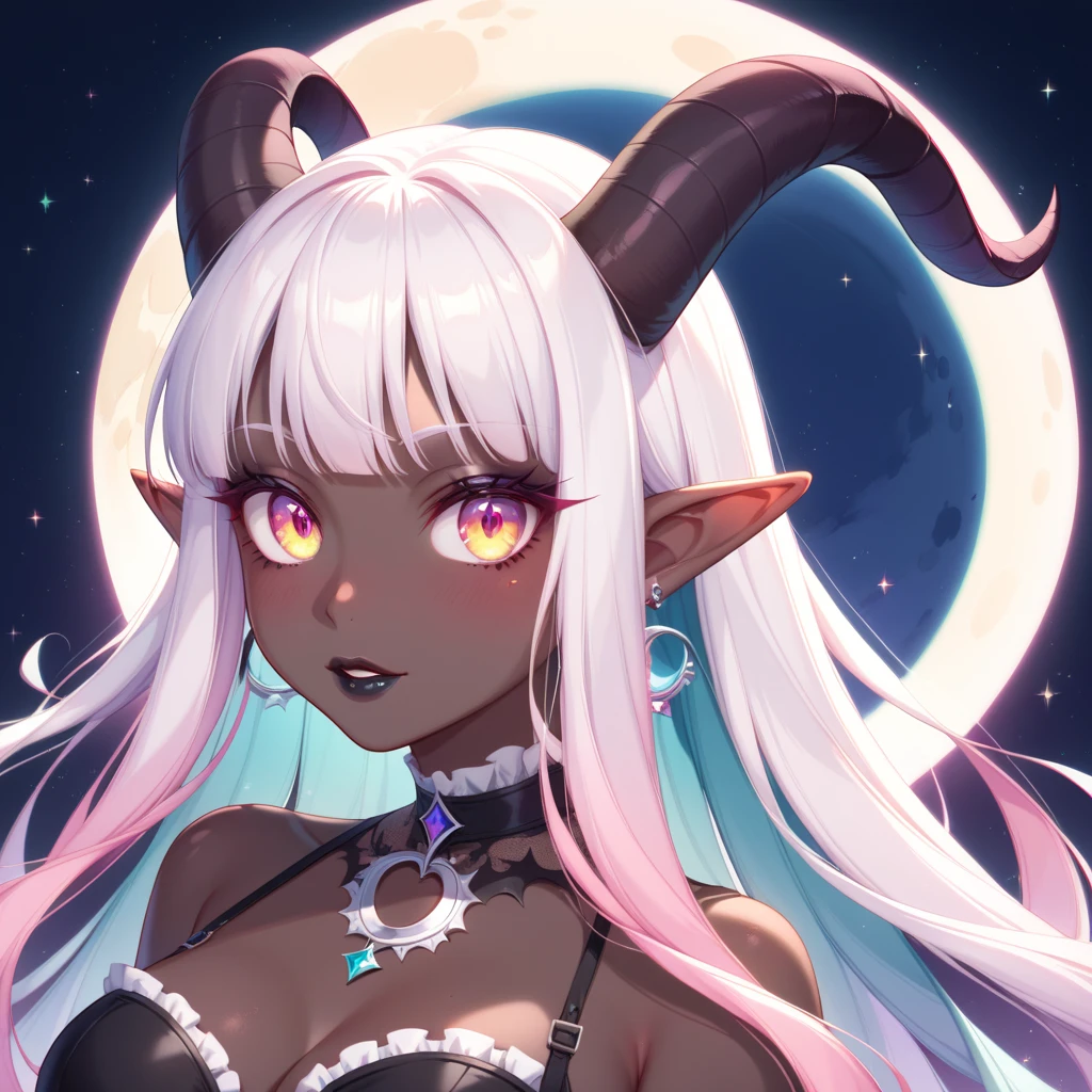 ((Masterpiece)), ((highres)), ((1person)), Random poses, beautifully detailed succubus girl, ((pastel moon background)), long white hair, defined elf ears with ear guages, defined eyes, pastel iris, long eye lashes, defined nose, black lipstick, (((Black skin))), black demon horns, breasts, night sky, pastel gothic style, gothic style art, gothic asthetic, bust shot
