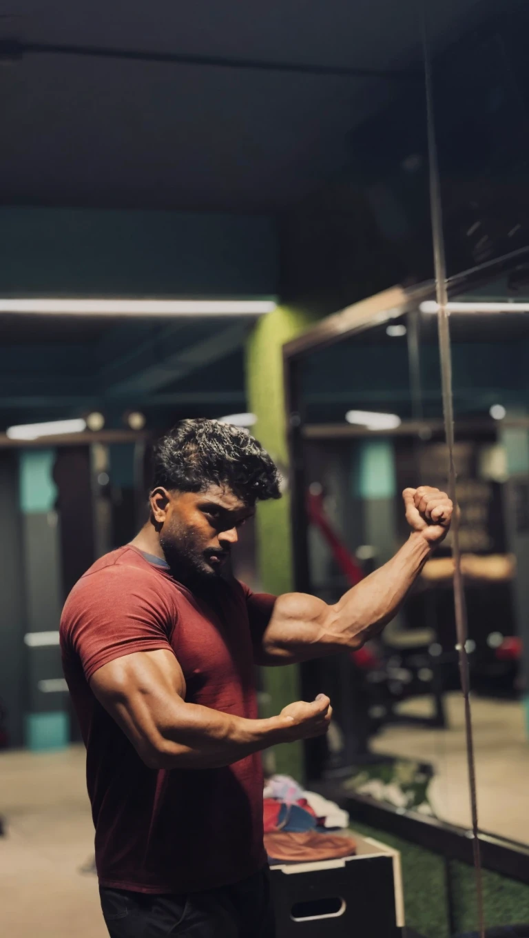 Raj, the young athlete, training intensely in a gym. He is lifting weights or running on a treadmill, with sweat on his brow and a focused expression. The setting includes gym equipment, and the light reflects off his determined eyes, highlighting his dedication and the spark of ambition in his gaze.