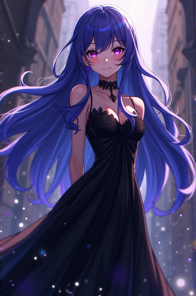 beautiful female anime character in a dress full of fabric, long and black, long and full hair, japanese, with stone details on the dress, background involving cosmology, well animeee, wearing glasses