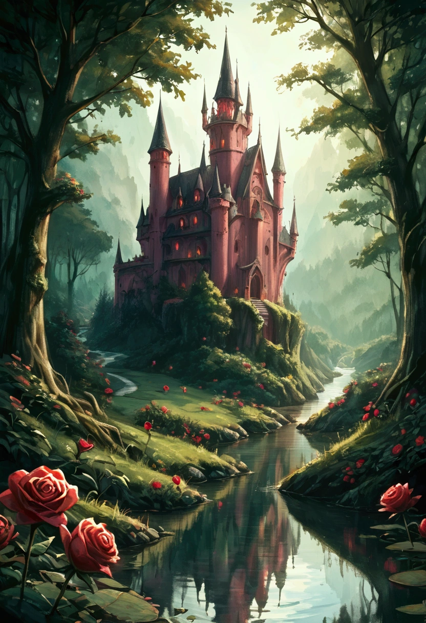 score_9, score_8_up, score_7 there are lanterns shaped like roses floating in a stream of water, they shed dark red light, reflected in the river, the stream travels through a dark and gloomy forest, there is haunted castle near the river, a beautiful paladin watches near the river,  highres, best quality, high details, 16K, ultra detailed, masterpiece, best quality,