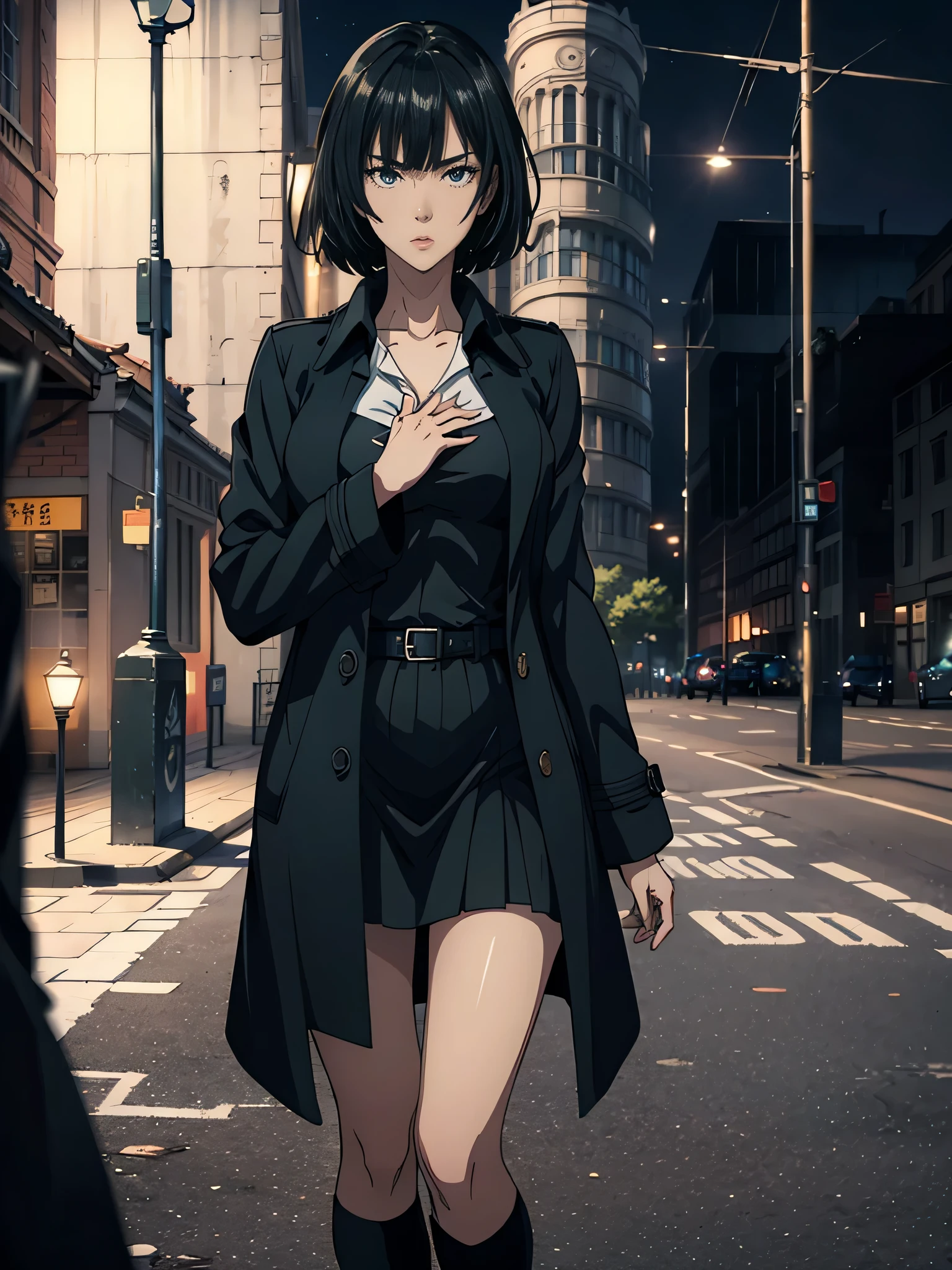 anime、High image quality、 Hi-Res、((( one woman)))、 black cock、deep blue blouse 、 is wide open on the chest、 black miniskirt、Thoughtful face、 white trench coat、Under the street lamp、Leaning against a brick wall、London city at night、 tense scene for you 、((( with both hands in coat pockets)))、(((Composition of tilting slightly from below)))、 one woman