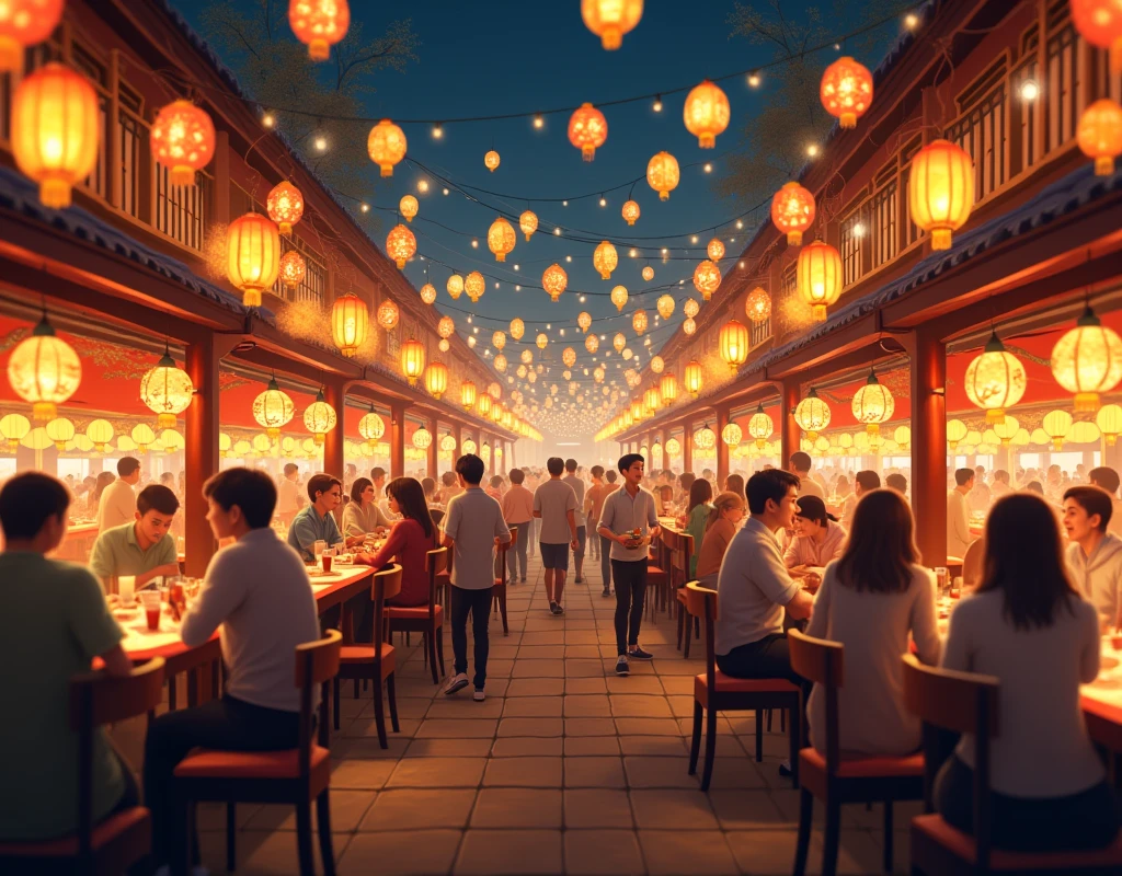  Lots of lanterns are displayed overhead,  gentle light of yellow and red lanterns :1.3, Chinese style bonbori , Lots of tables ,  Lots of couples and parents and ren ,  enjoying food and drink ,  happy expression, Dark Night:1.3