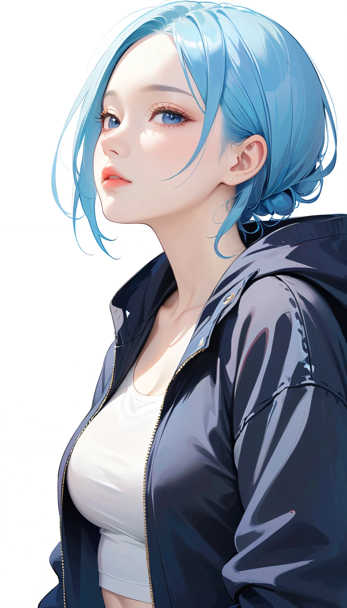 1girl, Alone, Chest, Viewer, blue eyes, simple background , white background , Jewelry, large breasts, Lazy, Half-closed eyes, blue hair , Jackets, upper body, Open clothes, abdomen, From the side, open Jackets, Lips, black Jackets, cropped top below , compensate,, oversizeJackets,style: midjourney,1 girl
