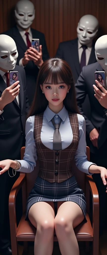 (masterpiece), best quality, (((old businessman holds nude naked girl))), girl has annoyed face and green eye and ((large breast)) and nipple and vagina and very short brown hair and short brown pixie hair and red lipstick and earring and bow tie and bow tie and bow tie and black stockings and cufflink and wristwatch and crowd of businessmen in background, and crowd of businessmen in background, and crowd of businessmen in background, casino setting, slot machines,