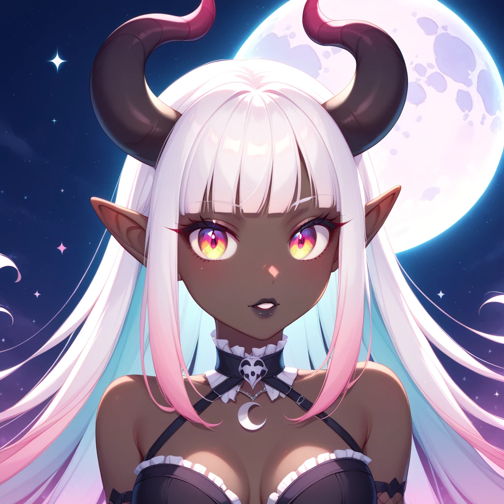 ((Masterpiece)), ((highres)), ((1person)), Random poses, beautifully detailed succubus girl, ((pastel moon background)), long white hair, defined elf ears with ear guages, defined eyes, pastel iris, long eye lashes, defined nose, black lipstick, (((Black skin))), black demon horns, breasts, night sky, pastel gothic style, gothic style art, gothic asthetic, bust shot
