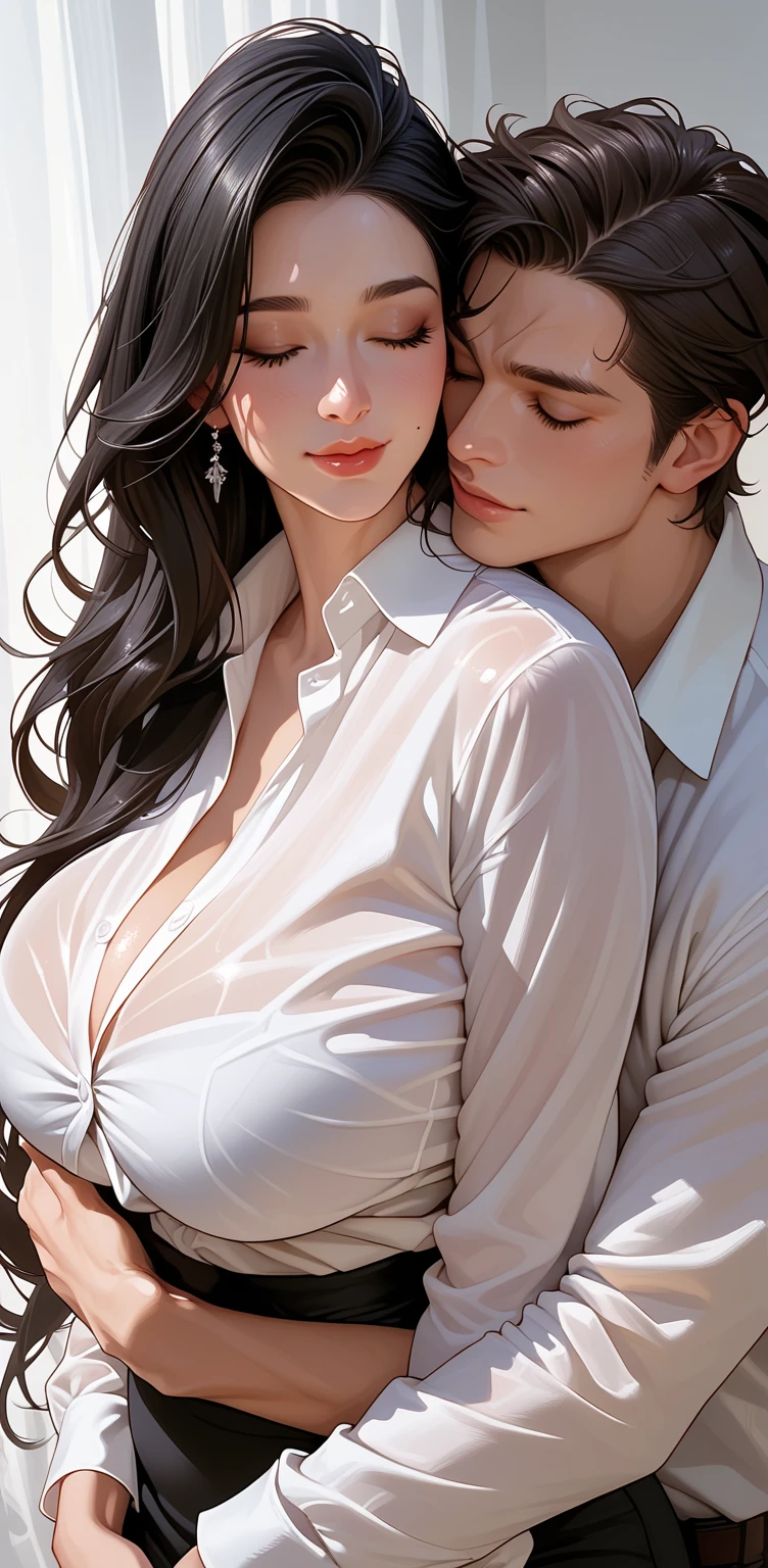 1girl, huge breast, long black hair, Wearing a white shirt, Hugging With a man, Man hugging from behind 