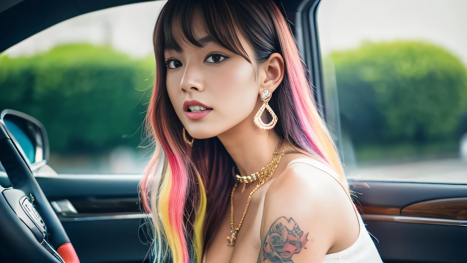 ((Best Quality, 8K, masutepiece:1.3, 1 girl, Beautiful Girl)), Cute, Dynamism, Detailed face, Detailed skin, Detailed eyes, Detailed lips, Detailed fingers, Detailed mouth, detailed tooth, Detailed tongue, Round eyes, 二重まぶた, Tear bag, Photorealistic, Raw photo, Natural light, Perfect Anatomy, highres, ((Colorful liquid on the naked body:1.2)), Colorful body, Colorful background, White liquid, pubic hair, ecstatic face, half closed eyes, colorful hair, half closed eyes