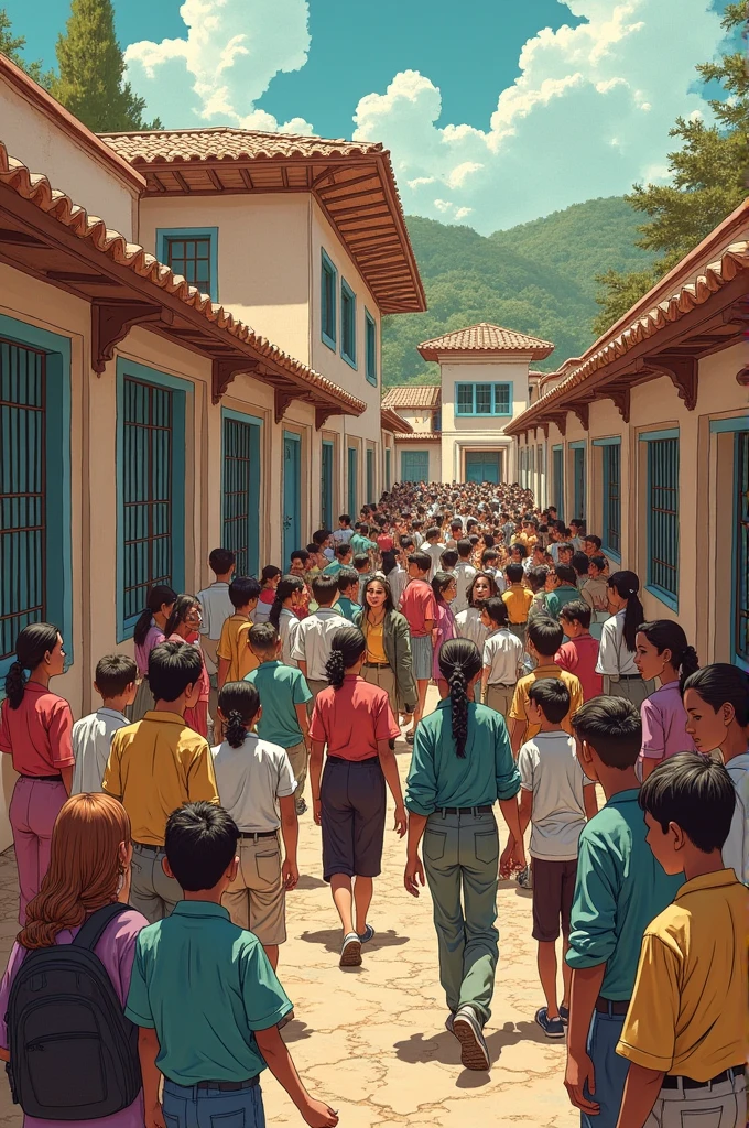 : "A vibrant and uplifting image of the village transformed, with children attending school and adults engaged in learning activities. The scene should convey a sense of community progress and enlightenment."