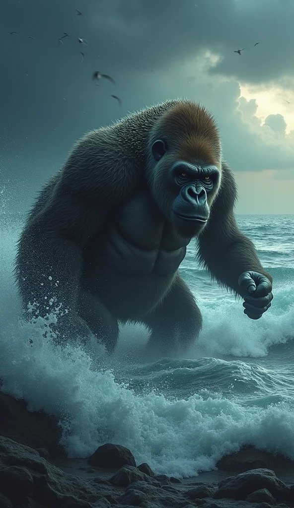 A very hideous giant ape with steel armor more than 100 meters high attacked the city and caused serious damage,The sea fleet and numerous aircraft surrounded the great apes