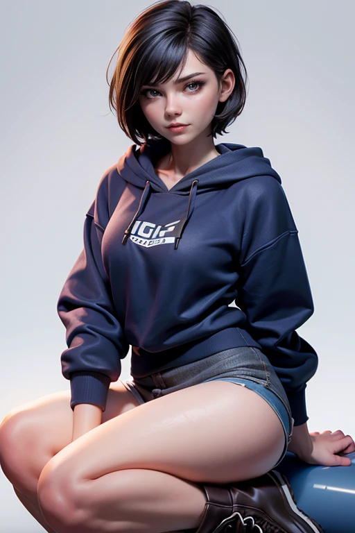 Young woman, blue tube top , Black miniskirt,  knee-length brown boots , gray hoodie sweatshirt,  short hair ,   natural lighting ,  ultra resolution ,  plain white background , without patterns, No textures.