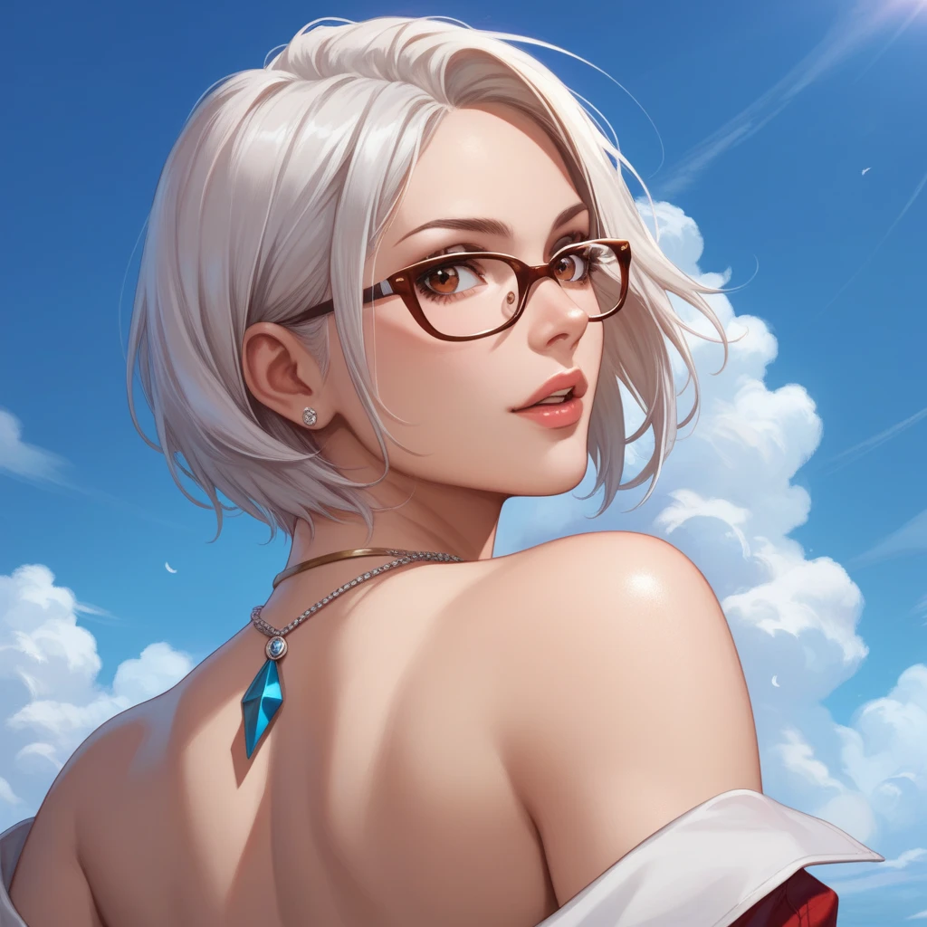 Meiko SYRAKY,  One, Glasses, sky, cloud, day, White hair, [short hair, necklace, Brown eyes, lips, a parody, parted lips, blue sky, ribbon necklace, Best quality, high quality, spread ass