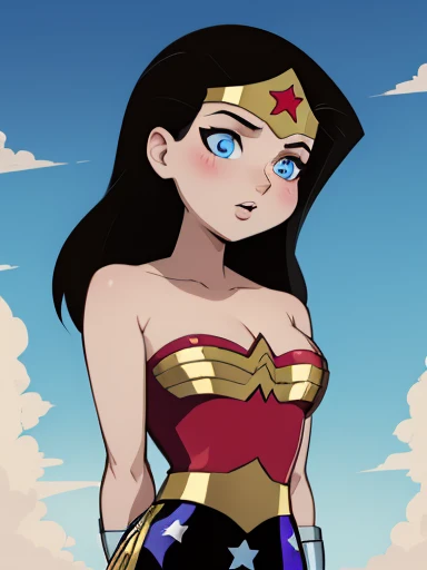  masterpiece , Wonder Woman, huge breast slim body detailed perfect wide hips and thin waist blue eyes pink cheeks full lips dark makeup cute face looking up at the viewer in a very excited squat 