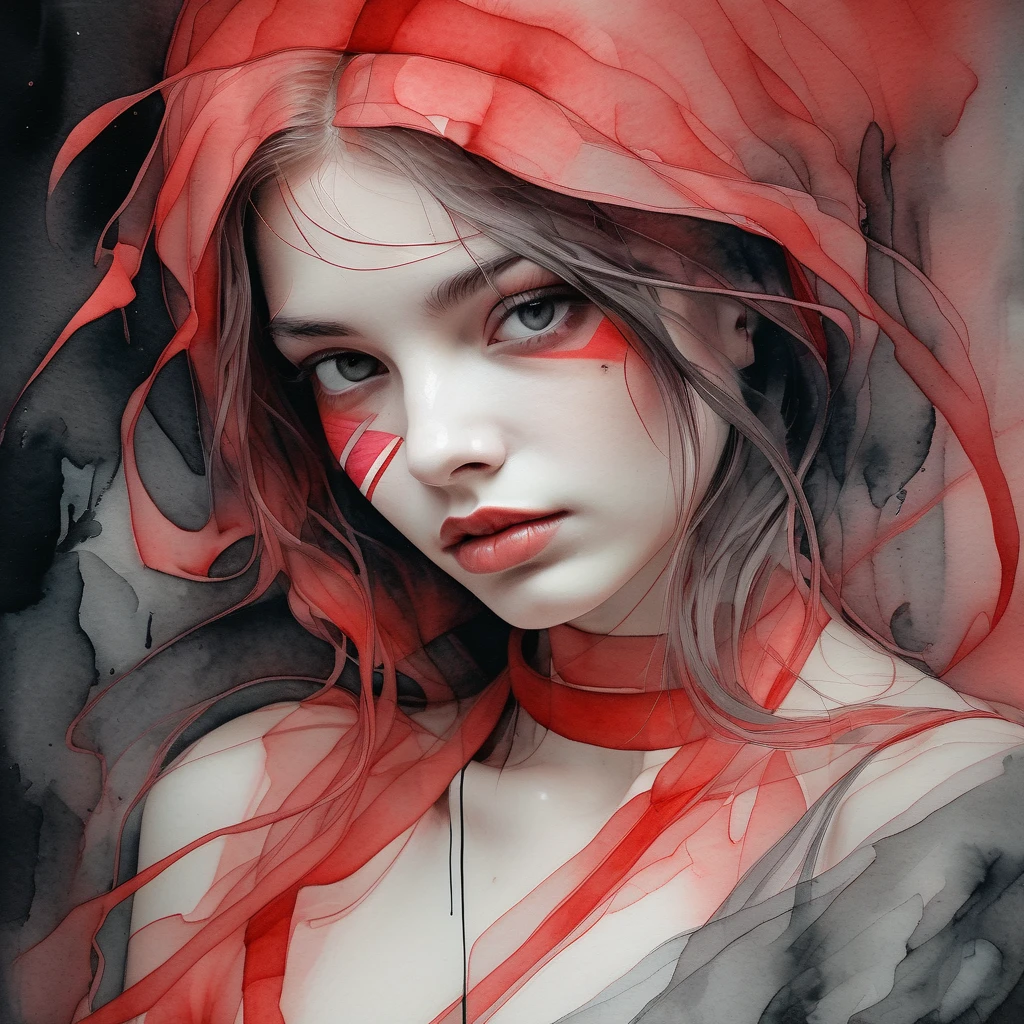 8K, Rgb, hdr, oil paintings, watercolors, bright saturated colors, Anna Razumovskaya, Jarek Kubicki, Aleksi Brilo, Darek Zabrotsky, Sakimichan, lois, Aminola Rezai, raw photo, negro, dark red,  close, Retrato de Medusa, mixed media collage. text with inscription "eloise",  beautiful face. calligraphy, Gouache Wash, Boceto a pluma, fine lines, Vintage illustration style. negro, white, Rosa coral, red, by the ruby, beautiful patterns  ral-negrolight