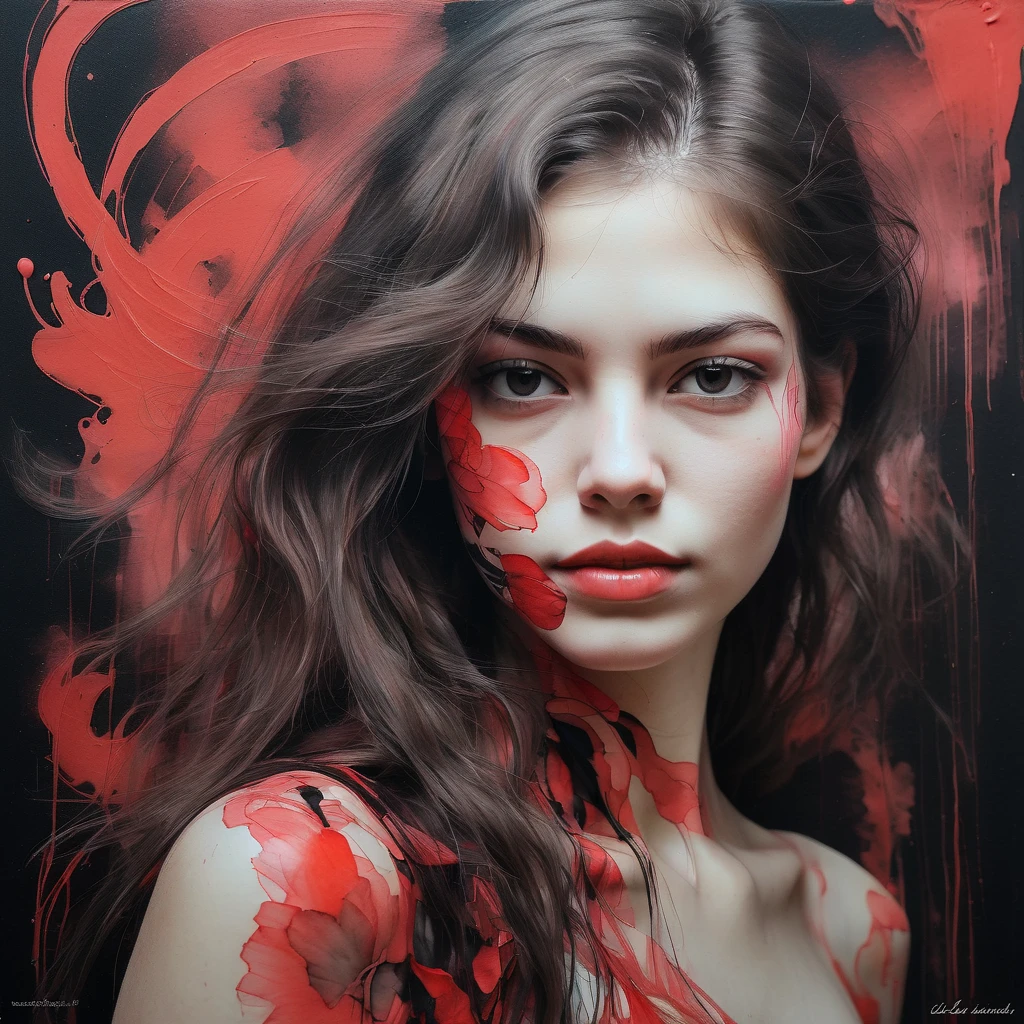 8K, Rgb, hdr, oil paintings, watercolors, bright saturated colors, Anna Razumovskaya, Jarek Kubicki, Aleksi Brilo, Darek Zabrotsky, Sakimichan, lois, Aminola Rezai, raw photo, negro, dark red,  close, Retrato de Medusa, mixed media collage. text with inscription "eloise",  beautiful face. calligraphy, Gouache Wash, Boceto a pluma, fine lines, Vintage illustration style. negro, white, Rosa coral, red, by the ruby, beautiful patterns  ral-negrolight