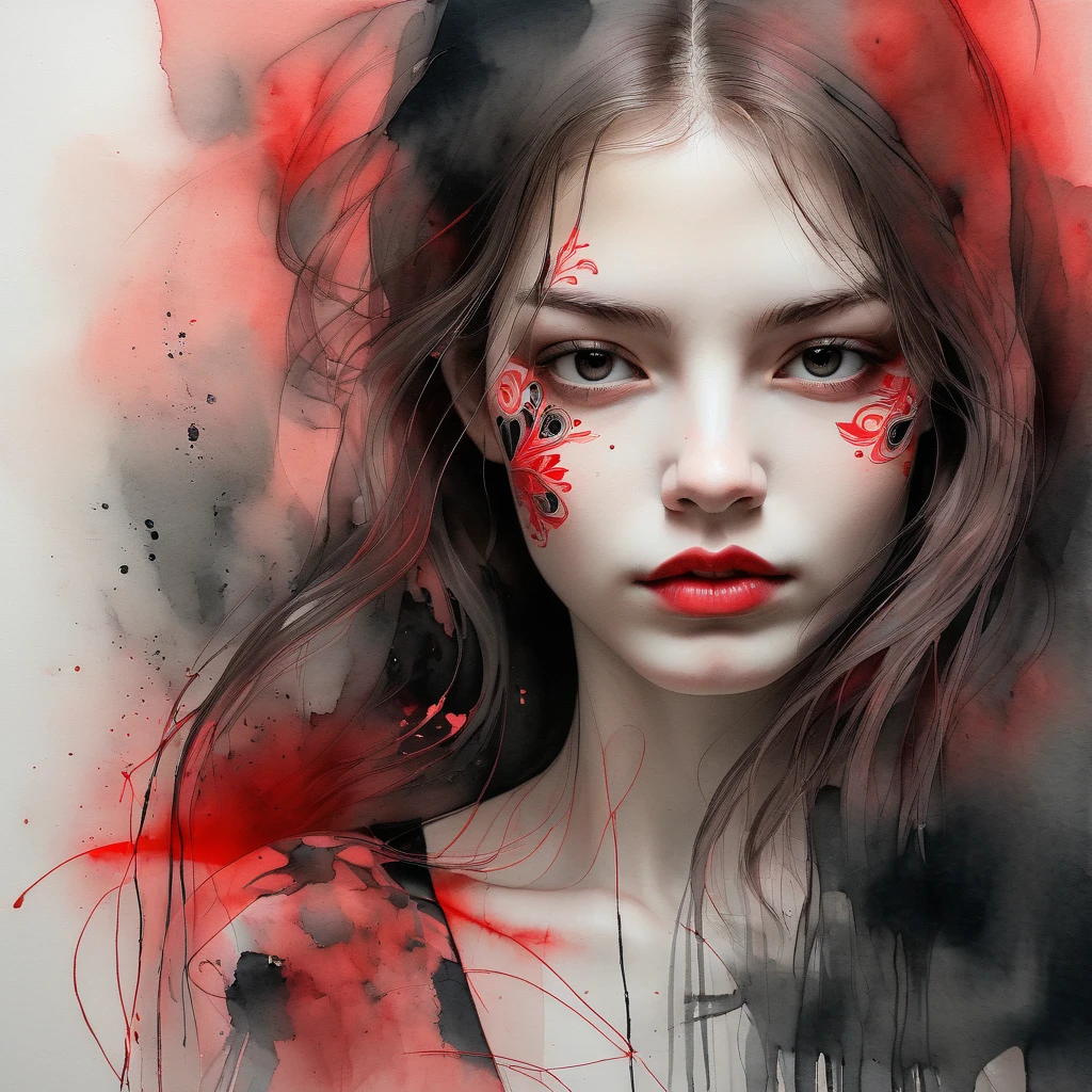 8K, Rgb, hdr, oil paintings, watercolors, bright saturated colors, Anna Razumovskaya, Jarek Kubicki, Aleksi Brilo, Darek Zabrotsky, Sakimichan, lois, Aminola Rezai, raw photo, negro, dark red,  close, Retrato de Medusa, mixed media collage. text with inscription "eloise",  beautiful face. calligraphy, Gouache Wash, Boceto a pluma, fine lines, Vintage illustration style. negro, white, Rosa coral, red, by the ruby, beautiful patterns  ral-negrolight