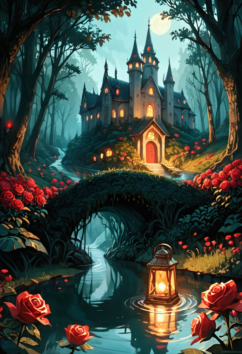 score_9, score_8_up, score_7 there are lanterns shaped like roses floating in a stream of water, they shed dark red light, reflected in the river, the stream travels through a dark and gloomy forest, there is haunted castle near the river, a beautiful paladin watches near the river,  highres, best quality, high details, 16K, ultra detailed, masterpiece, best quality,