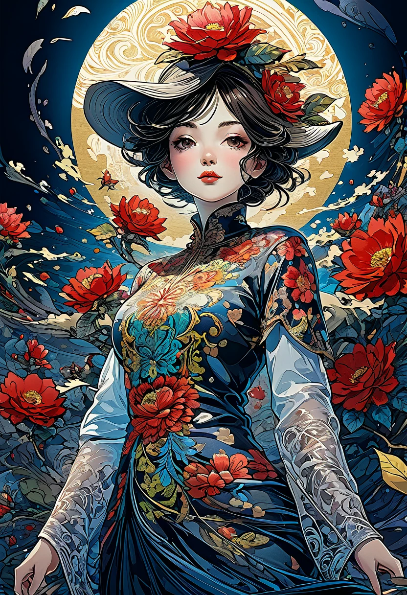 official art, unity 8k wallpaper, very detailed, beautiful and aesthetic, masterpiece, best quality, (zentangle, mandala, tangle, entangle), (fractal art:1.3) , 1 woman, Red flower, very detailed, dynamic angle, cowboy shot, The most beautiful form of chaos, elegant, brutal design, vivid colors, romanticism, james jean, Antono du Robbie, ros tran, Francis Bacon, It was really cold, Adrian Genius, Petra Courtwright, Gerhard Richter, takato yamamoto, ashley wood, atmosphere. 4k,8k,highres,masterpiece:1.2),ultra-detailed,(realistic,photorealistic,photo-realistic:1.37) 4k,8k,highres,masterpiece:1.2),ultra-detailed,