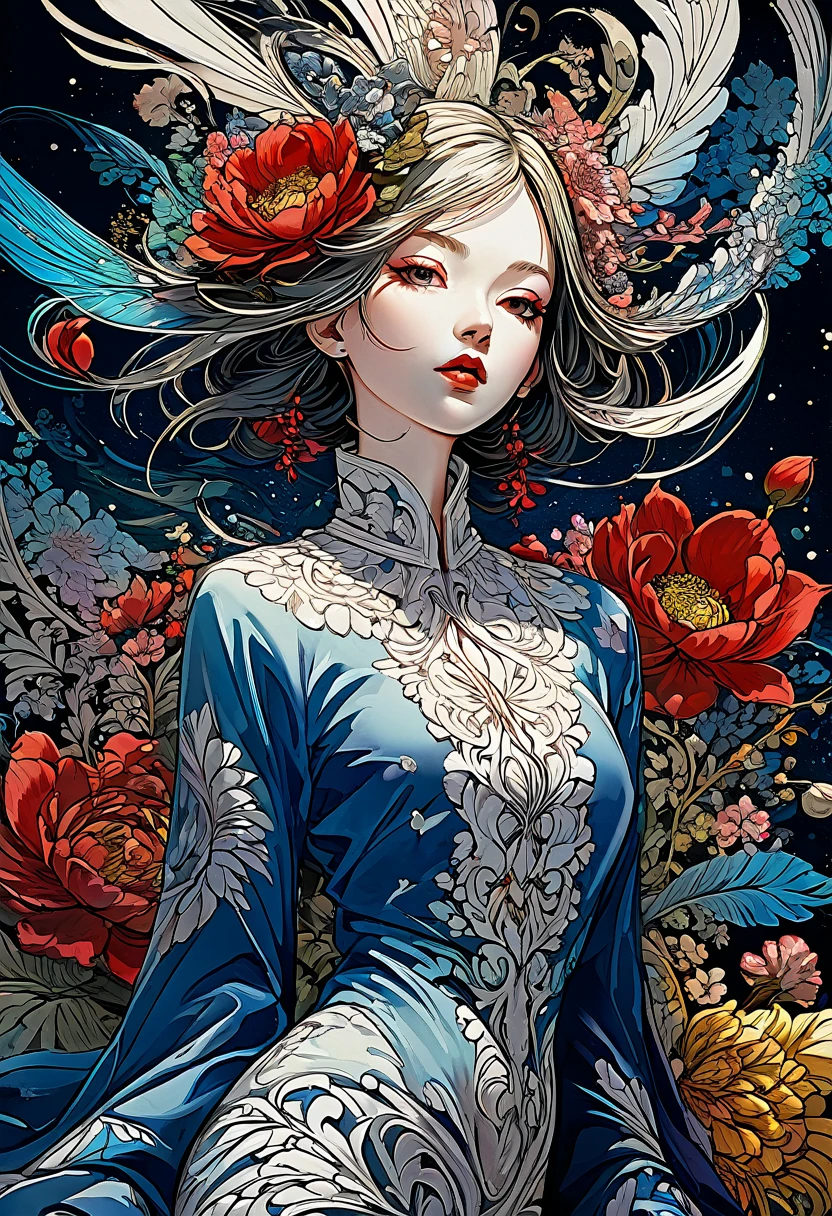 official art, unity 8k wallpaper, very detailed, beautiful and aesthetic, masterpiece, best quality, (zentangle, mandala, tangle, entangle), (fractal art:1.3) , 1 woman, Red flower, very detailed, dynamic angle, cowboy shot, The most beautiful form of chaos, elegant, brutal design, vivid colors, romanticism, james jean, Antono du Robbie, ros tran, Francis Bacon, It was really cold, Adrian Genius, Petra Courtwright, Gerhard Richter, takato yamamoto, ashley wood, atmosphere. 4k,8k,highres,masterpiece:1.2),ultra-detailed,(realistic,photorealistic,photo-realistic:1.37) 4k,8k,highres,masterpiece:1.2),ultra-detailed,