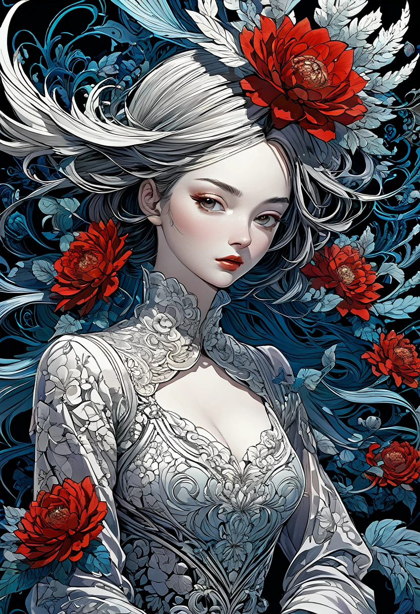 official art, unity 8k wallpaper, very detailed, beautiful and aesthetic, masterpiece, best quality, (zentangle, mandala, tangle, entangle), (fractal art:1.3) , 1 woman, Red flower, very detailed, dynamic angle, cowboy shot, The most beautiful form of chaos, elegant, brutal design, vivid colors, romanticism, james jean, Antono du Robbie, ros tran, Francis Bacon, It was really cold, Adrian Genius, Petra Courtwright, Gerhard Richter, takato yamamoto, ashley wood, atmosphere. 4k,8k,highres,masterpiece:1.2),ultra-detailed,(realistic,photorealistic,photo-realistic:1.37) 4k,8k,highres,masterpiece:1.2),ultra-detailed,