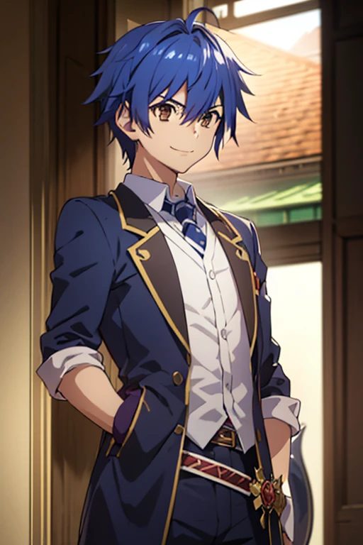 man, adventurer suit with a two handed sword, smiling, anime boy, handsome anime man, inspired by Okumura Masanobu, inspired by Okumura Togyu, Okata Kazuto, anime boy, soft anime cg art, tall blue haired anime man with brown eyes, hana yata, ikuto yamashita