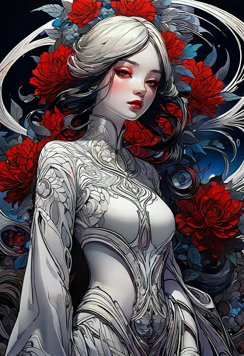 official art, unity 8k wallpaper, very detailed, beautiful and aesthetic, masterpiece, best quality, (zentangle, mandala, tangle, entangle), (fractal art:1.3) , 1 woman, Red flower, very detailed, dynamic angle, cowboy shot, The most beautiful form of chaos, elegant, brutal design, vivid colors, romanticism, james jean, Antono du Robbie, ros tran, Francis Bacon, It was really cold, Adrian Genius, Petra Courtwright, Gerhard Richter, takato yamamoto, ashley wood, atmosphere. 4k,8k,highres,masterpiece:1.2),ultra-detailed,(realistic,photorealistic,photo-realistic:1.37) 4k,8k,highres,masterpiece:1.2),ultra-detailed,