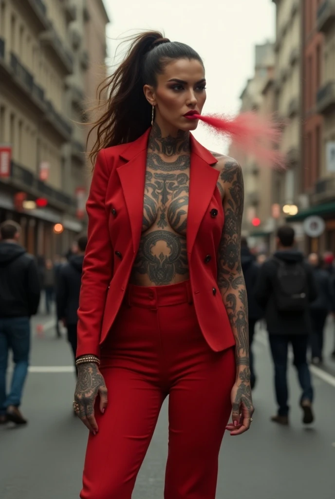 A late 30s woman, ((full length portrait)), various modeling poses, catwalk strut, crowded NYC street, wide shot, UHD, 8k, strong details, BREAK: soft facial features, lopsided smirk, sapphire blue eyes, palest alabaster white skin, (slim and (soft) physique:1.25), heavily tattooed in bright vibrant designs, (color tattoo of butterfly-skull on chest), honey blonde hair in a messy bun, (medium-small bust:1.3), (low rooted breasts:1.3), (lower set breasts:1.4), pierced nipples under dress, ((pokie nipples)), long legs, (strong glutes), ((short torso)), BREAK: ((red:1.4) bodycon dress like a second skin), black strappy heels