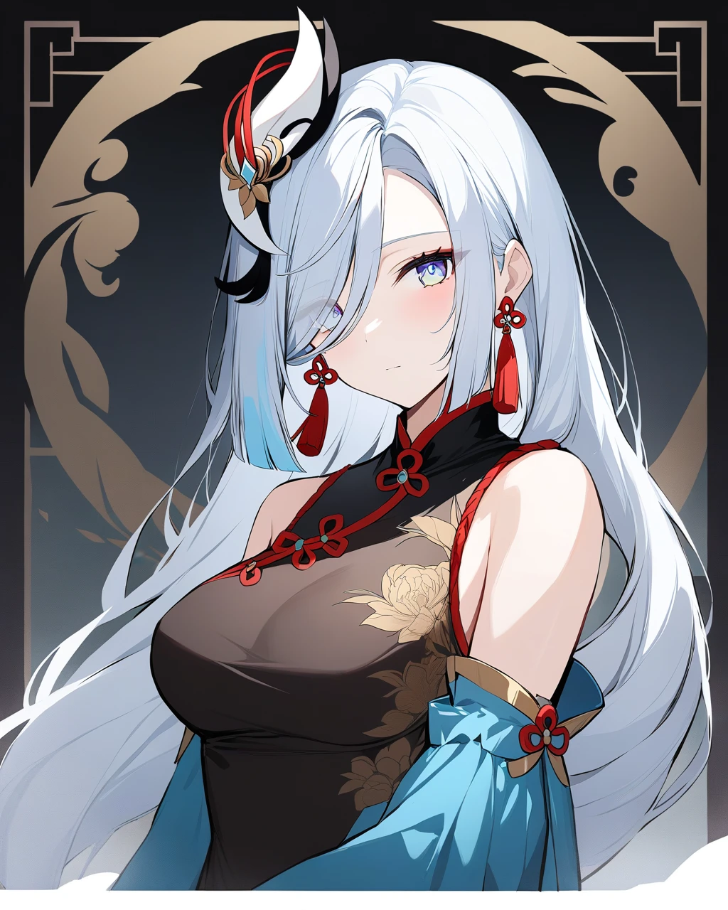 masterpiece,best quality,girl,shenhe_\(genshin_impact\),long_hair,hair_ornament,solo,breasts,looking_at_viewer,detached_sleeves,blush,tassel,dress,hair_over_one_eye,blue_nails,chinese_clothes,bangs,black_dress,border,upper_body,blue_eyes,eyes_visible_through_hair,bare_shoulders,nail_polish,closed_mouth,medium_breasts,flower,china_dress,white_hair,alternate_costume,