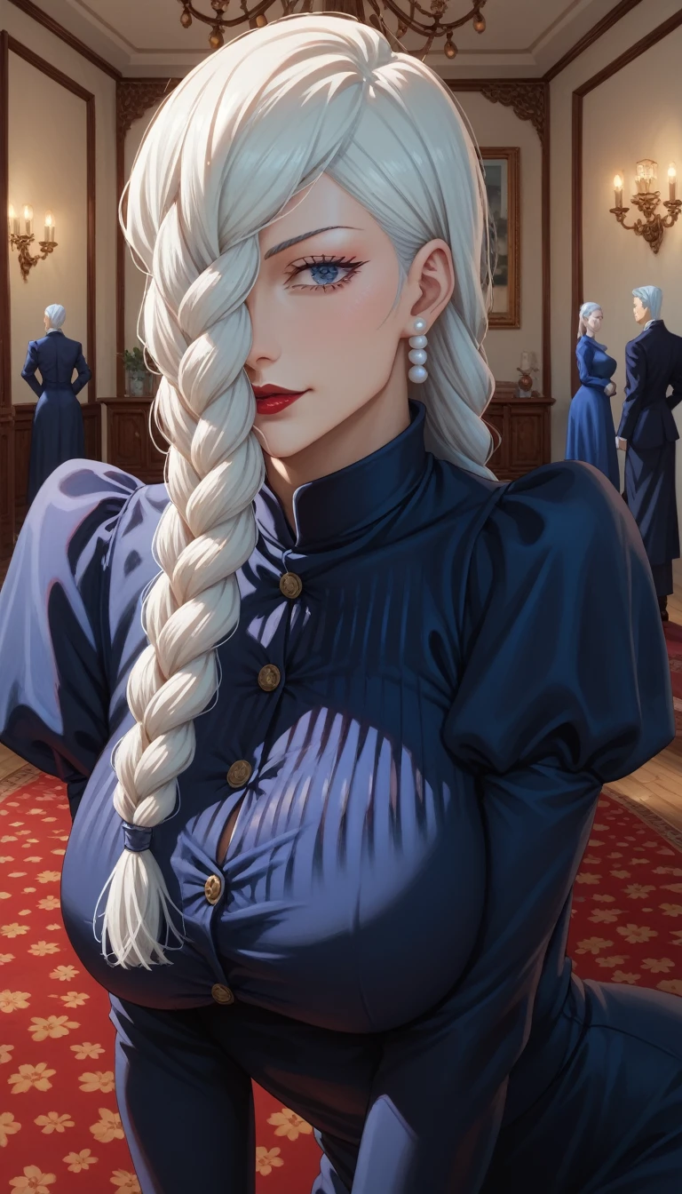 Hot beautiful mei mei from jujutsu kaisen,  pearl Earrings, big juicy rounded breasts ,  white hair,detailed, black party dress,twin  braid,blue eyes, jujutsu Kaisen, bedroom , braid over eyes,anime ,red lipstick, makeup ,