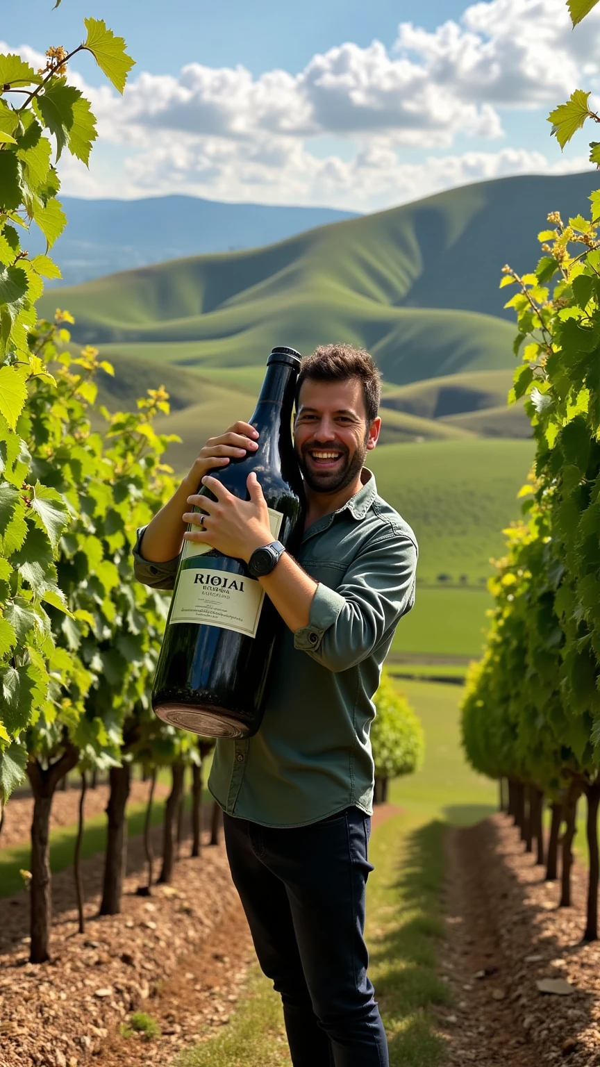 A realistic image of a man embracing a giant bottle of Rioja wine, surrounded by lush vineyards in La Rioja, Spain. The scene captures authentic details of the landscape: rolling hills, vines full of ripe grapes, and soft sunlight filtering through. The man is dressed casually, looking joyful and immersed in the beauty of the vineyard, with high attention to realistic textures and colors.
