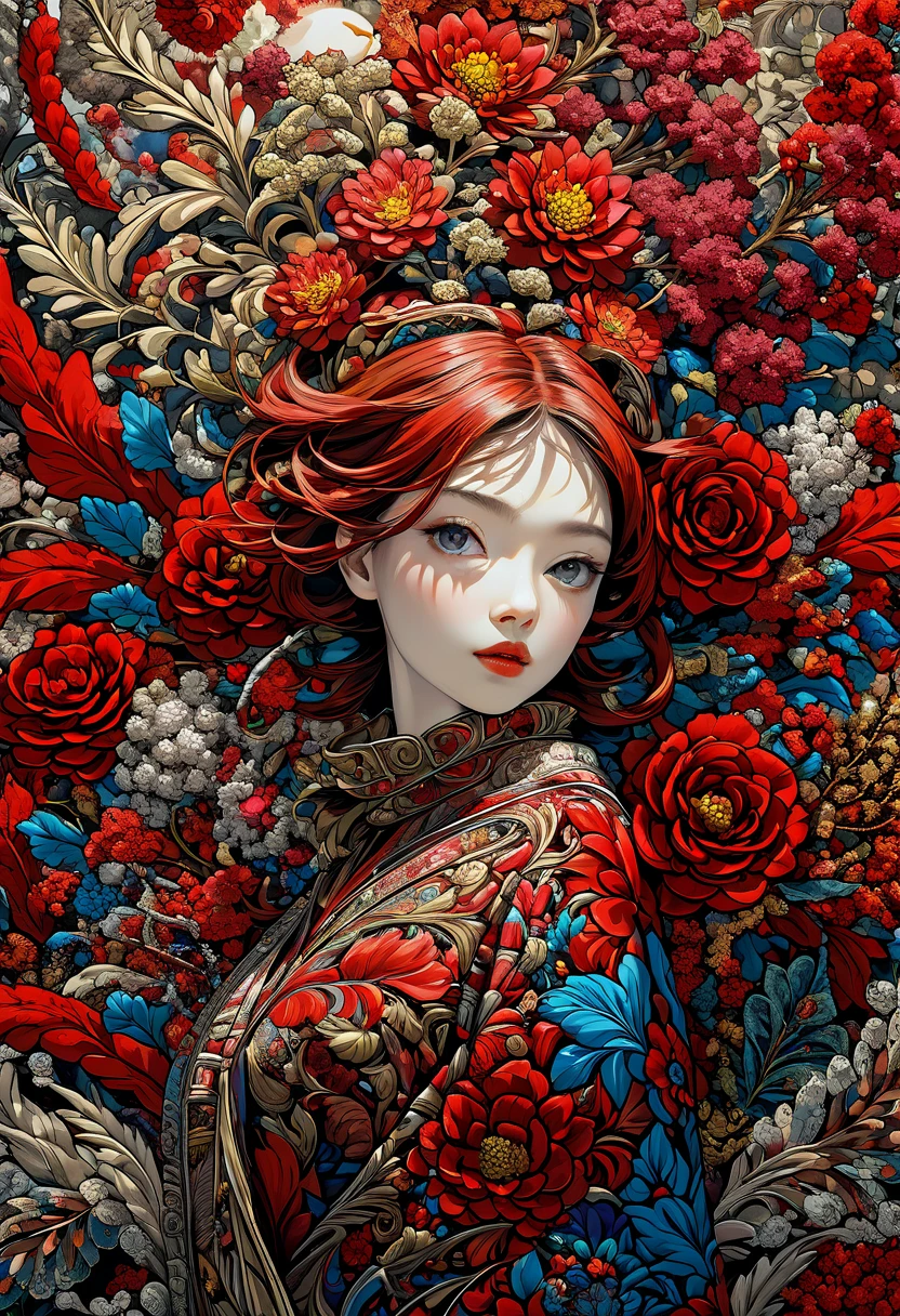 official art, unity 8k wallpaper, very detailed, beautiful and aesthetic, masterpiece, best quality, (zentangle, mandala, tangle, entangle), (fractal art:1.3) , 1 woman, Red flower, very detailed, dynamic angle, cowboy shot, The most beautiful form of chaos, elegant, brutal design, vivid colors, romanticism, james jean, Antono du Robbie, ros tran, Francis Bacon, It was really cold, Adrian Genius, Petra Courtwright, Gerhard Richter, takato yamamoto, ashley wood, atmosphere. 4k,8k,highres,masterpiece:1.2),ultra-detailed,(realistic,photorealistic,photo-realistic:1.37) 4k,8k,highres,masterpiece:1.2),ultra-detailed,