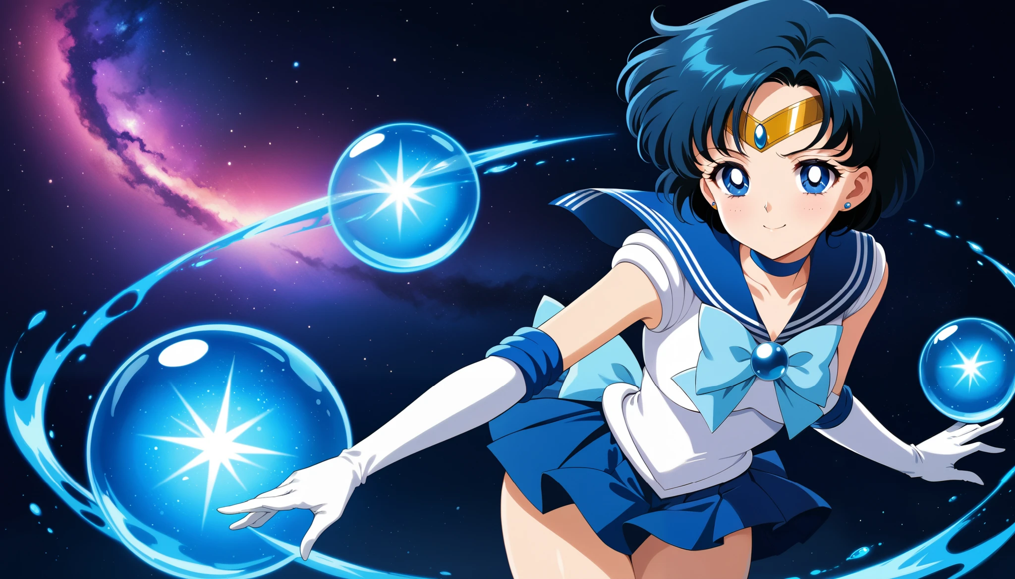 (masterpiece, best quality, very aesthetic, ultra detailed), intricate details, 4k, aamercury, short hair, blue hair, tiara, earrings, blue eyes, blue choker, blue sailor collar, blue bowtie, white shirt, elbow gloves, white gloves, pleated skirt, blue skirt, bare legs, hydrokinesis bubble, magic, dark blue galaxy background, standing, cowboy shot, smile