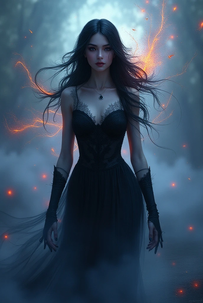 (Masterpiece, best quality, highres:1.3), from back, photorealistic, close-up, 1 goddess of flame, queen of demonic fire, from fantasy novel, feminine appearance, cleavage, detailed hair strands, delicate face, glowing red eyes, furious gaze, fully dressed in elegant gothic dress with fire effect, fire diadem, immense fire spell, fire storm, flame spark, fire realm, ((surrealistic detail))