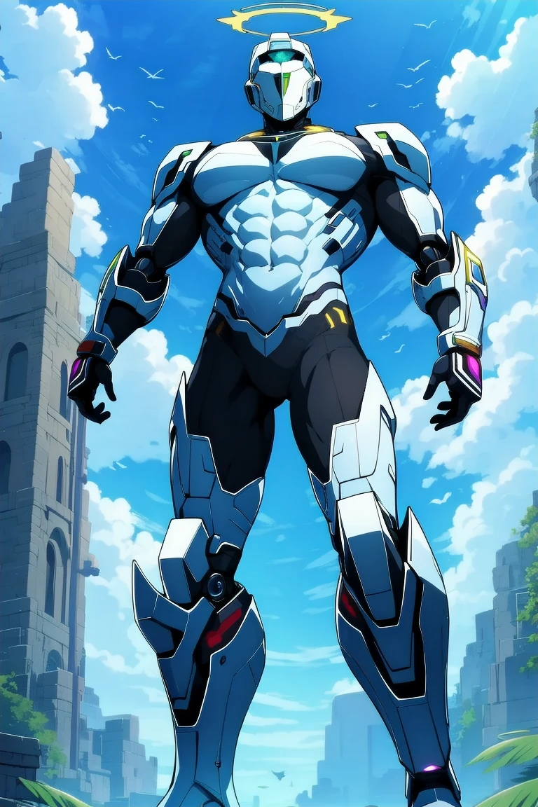 BioArmor， floating， halo， muscular， 1boy， cloud， extra arms， male focus， abs， sky， full body， robot， open hands， colored skin,