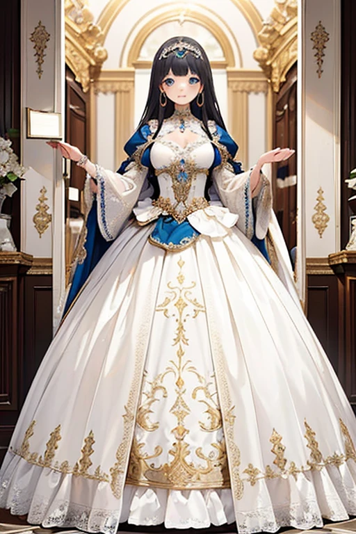 (( anime art style)),(masterpiece),(Best Quality), (Super detailed),((  very delicate and beautiful  )), 1 girl,(( full body portrait )), Standing at the Palace of Versailles ,((Alone)), digital art ,(((1 princess in  Gorgeous Princess Rococo Ball Gown with Voluminous Full Length Hoop Skirt ))),crinoline,((BEAUTIFUL EMBROIDERY AND Gems )), voluminous frills , transparent,(GORGEOUS EMBROIDERY AND BEAUTIFUL LACE ),(( straight hair massive ,  very voluminous hair ,Very 長さ Straight Hair)),((Detailedly drawn face and eyes)),Clear pupils,  Extremely Gorgeous Full Hair Ornament  ,( Extremely Beautiful Full Tiara Embellished with Gemstones ),(Bling Bling Gems Jewelry ),Long veil,( Beautiful background ),full body,(( Gorgeous Princess Rococo Ball Gown with Voluminous Full Length Hoop Skirt ))