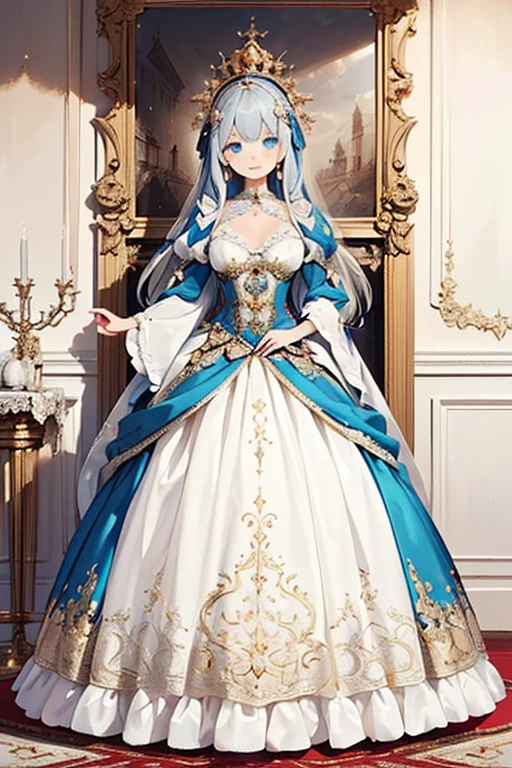 (( anime art style)),(masterpiece),(Best Quality), (Super detailed),((  very delicate and beautiful  )), 1 girl,(( full body portrait )), Standing at the Palace of Versailles ,((Alone)), digital art ,(((1 princess in  Gorgeous Princess Rococo Ball Gown with Voluminous Full Length Hoop Skirt ))),crinoline,((BEAUTIFUL EMBROIDERY AND Gems )), voluminous frills , transparent,(GORGEOUS EMBROIDERY AND BEAUTIFUL LACE ),(( straight hair massive ,  very voluminous hair ,Very 長さ Straight Hair)),((Detailedly drawn face and eyes)),Clear pupils,  Extremely Gorgeous Full Hair Ornament  ,( Extremely Beautiful Full Tiara Embellished with Gemstones ),(Bling Bling Gems Jewelry ),Long veil,( Beautiful background ),full body,(( Gorgeous Princess Rococo Ball Gown with Voluminous Full Length Hoop Skirt ))