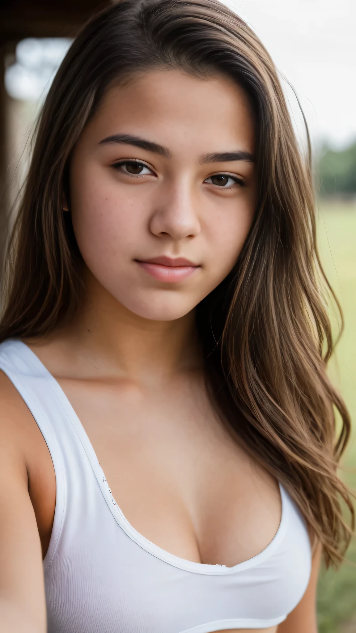 15 year old girl, very beatifull with sexy body in adolescence, sexy look, Cute, model face, symmetrical face, big lips, big eyes, small nose