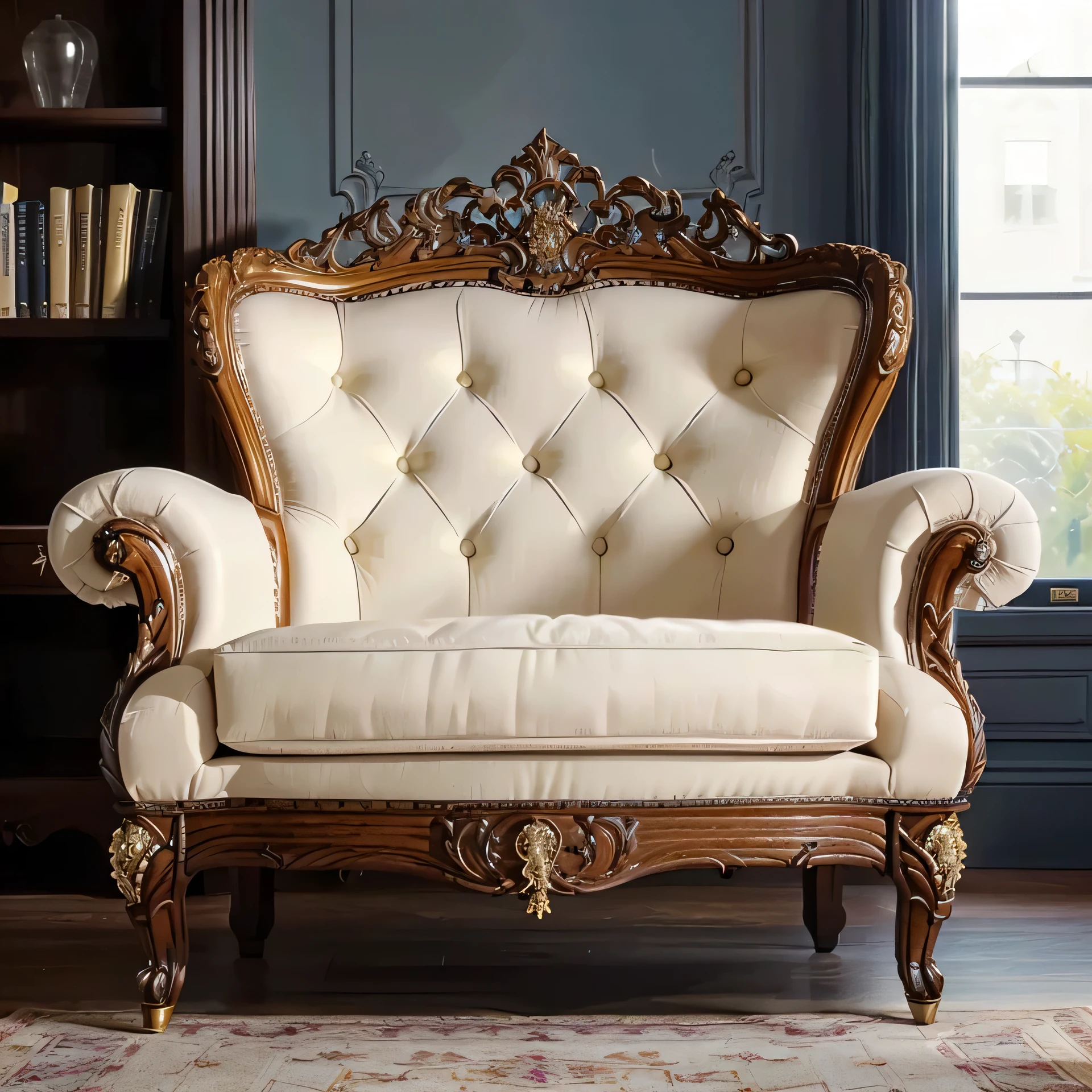 there is a chair that is sitting in a room with a rug, elegant furniture, luxury furniture, elegant render, luxury hd render, wood carved chair, lavish rococo baroque setting, elegant baroque, classical style, 1 8 th century style, classicism style, furniture and decor, in style of classicism, french provincial furniture, ornate furniture, elegant and refined, extremely very realistic