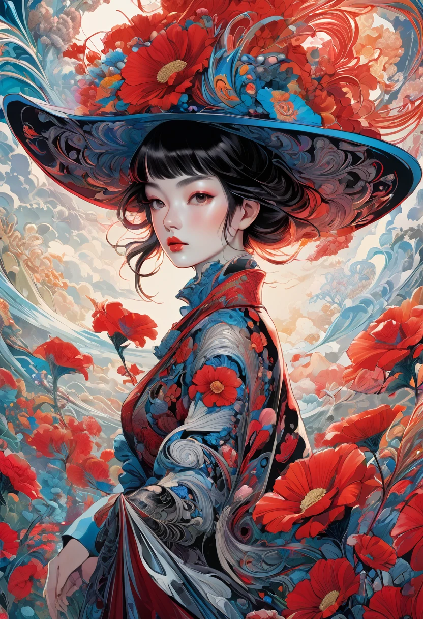 official art, unity 8k wallpaper, very detailed, beautiful and aesthetic, masterpiece, best quality, (zentangle, mandala, tangle, entangle), (fractal art:1.3) , 1 woman, Red flower, very detailed, dynamic angle, cowboy shot, The most beautiful form of chaos, elegant, brutal design, vivid colors, romanticism, james jean, Antono du Robbie, ros tran, Francis Bacon, It was really cold, Adrian Genius, Petra Courtwright, Gerhard Richter, takato yamamoto, ashley wood, atmosphere. 4k,8k,highres,masterpiece:1.2),ultra-detailed,(realistic,photorealistic,photo-realistic:1.37) 4k,8k,highres,masterpiece:1.2),ultra-detailed,