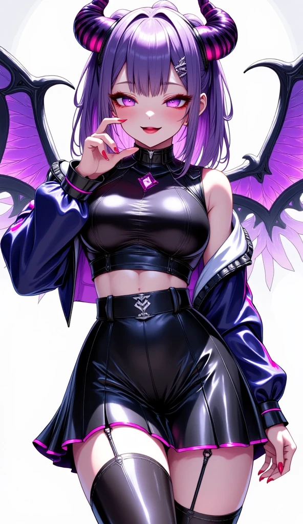 a woman with light purple skin, with short black hair, with dark eyes and pink pupils, wearing a piece of clothing that shows her shoulders, wearing shorts, with a symbol of a heart and bat wings drawn on her belly