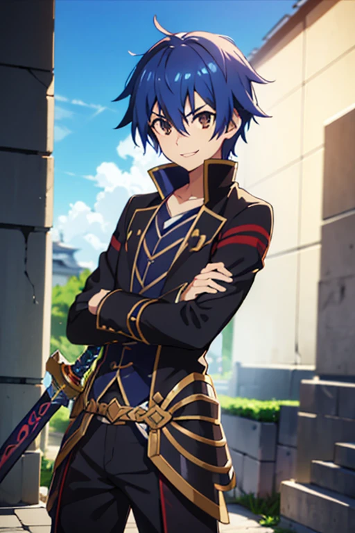 man, adventurer suit with a two handed sword, smiling, anime boy, handsome anime man, inspired by Okumura Masanobu, inspired by Okumura Togyu, Okata Kazuto, anime boy, soft anime cg art, tall blue haired anime man with brown eyes, hana yata, ikuto yamashita