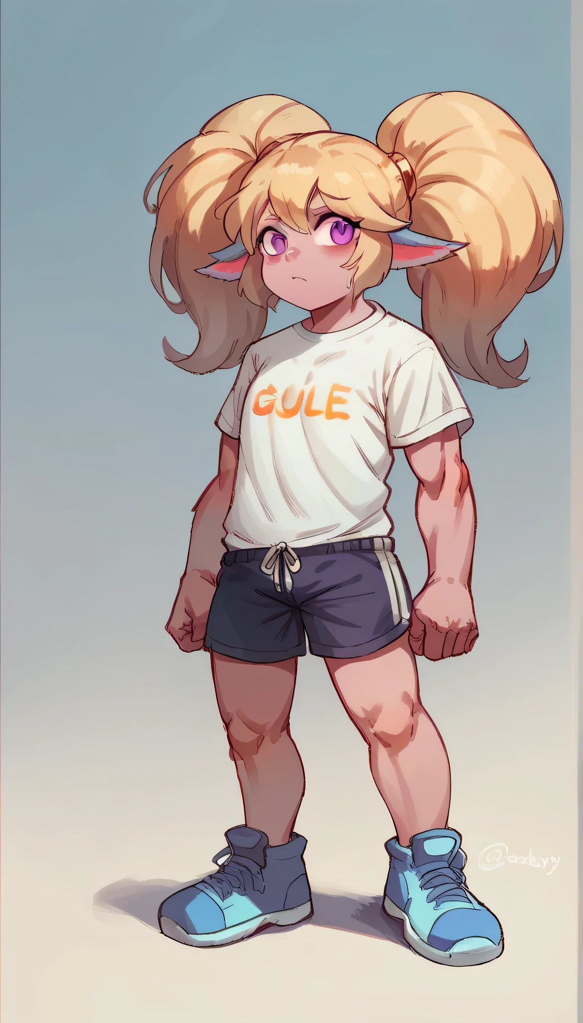 Poppy from league of leegnds in t shirt i white tshirt black shorts and sun galsses deatiled full body original character colour made as poppy original purple bleu colour poppy from league of legends yordle blue colour of skins original character girl  cute girl sketch for drawing