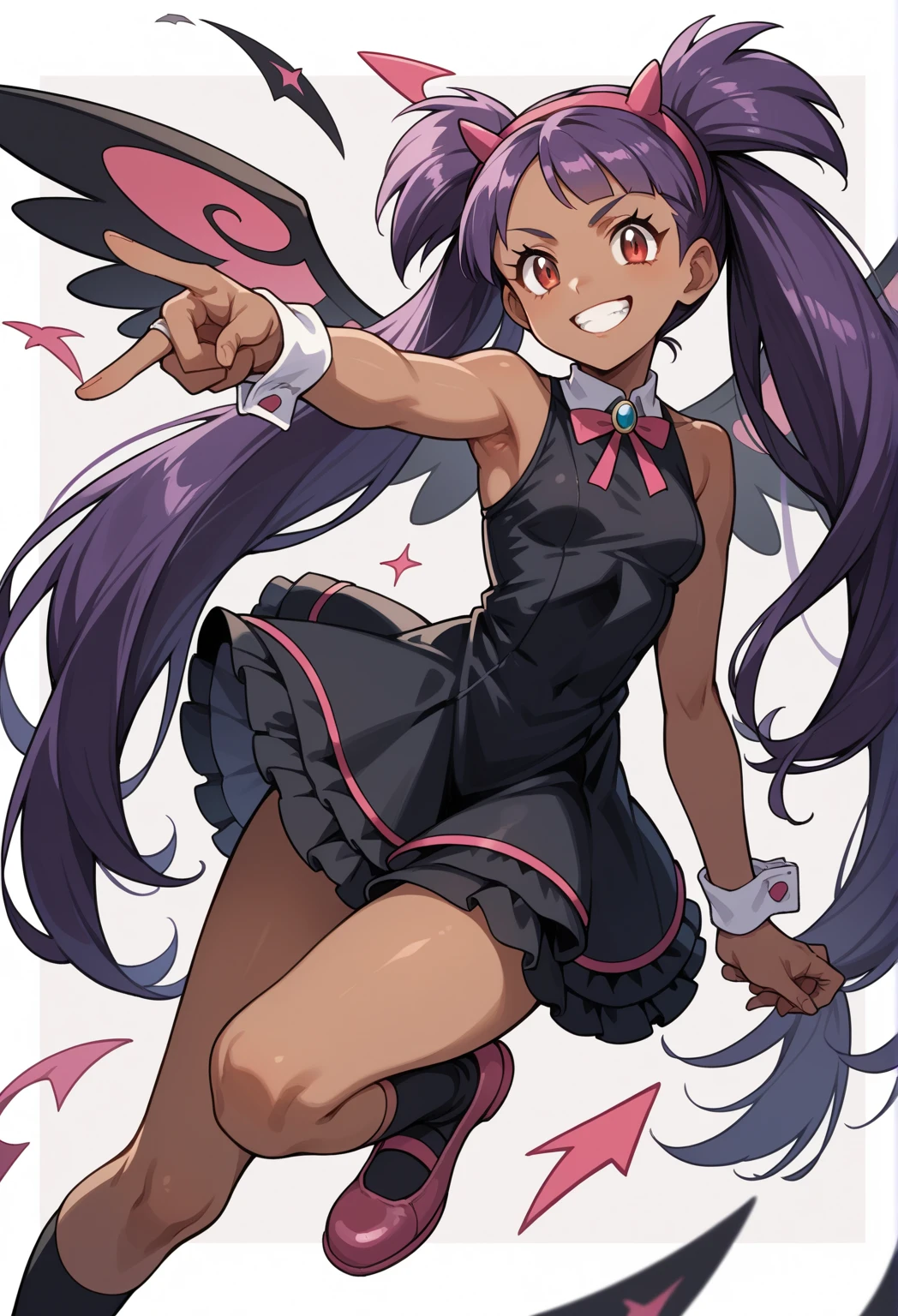 Best Quality, Masterpiece, ultra high resolution, iris \(pokemon\), purple hair, long hair, red eyes, dark skin, big hair,small breasts, cciris,fake horns,hairband,brown eyes,long hair,twintails,hair rings,bangs,dark skin,black dress,sleeveless,wrist cuffs,fake wings,skirt,black skirt,socks,black socks,shoes,(pink footwear:1.2), upper body focus, grin, teeth, pointing at viewer