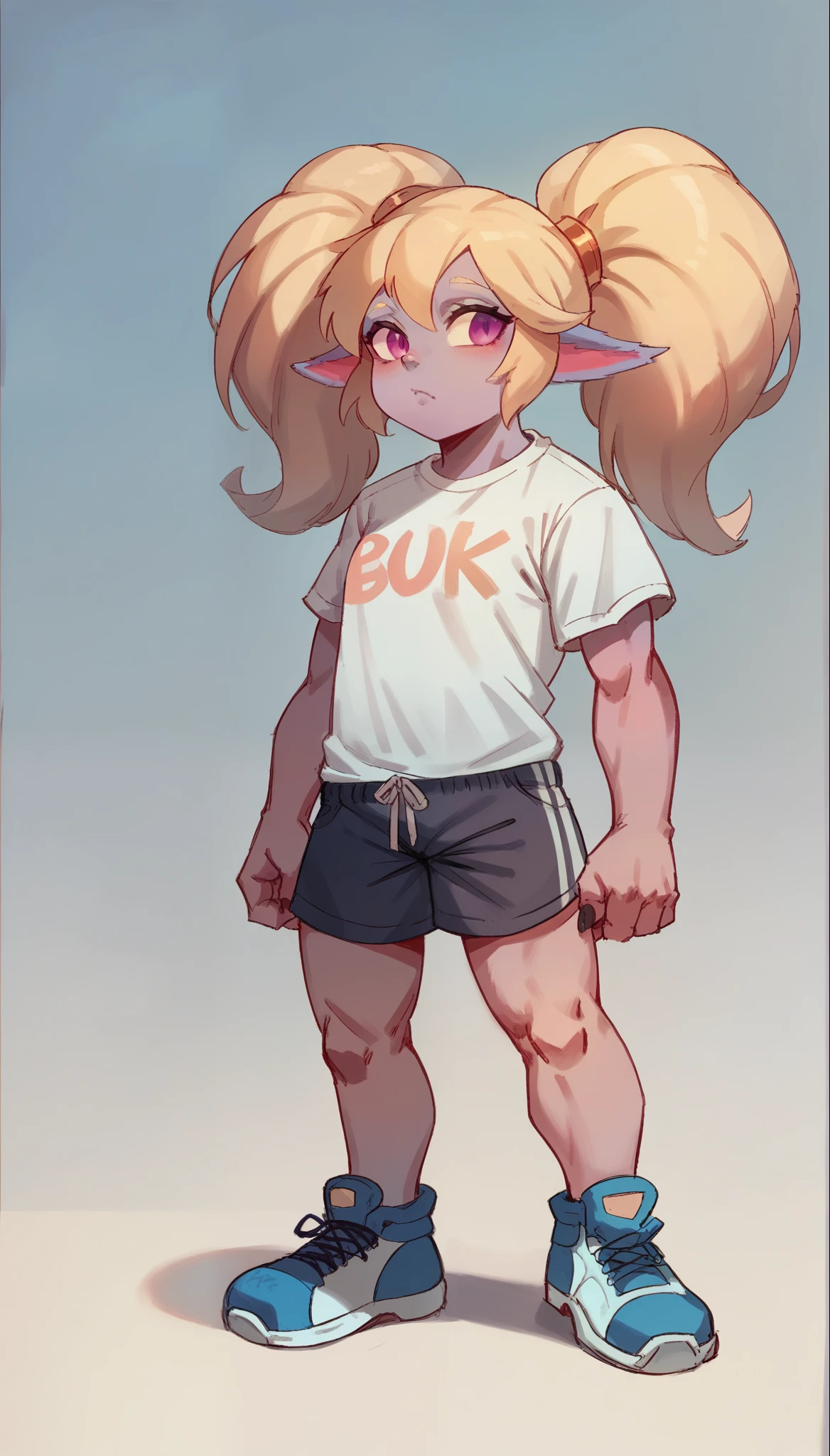 Poppy from league of leegnds in t shirt i white tshirt black shorts and sun galsses deatiled full body original character colour made as poppy original purple bleu colour poppy from league of legends yordle blue colour of skins original character girl  cute girl sketch for drawing