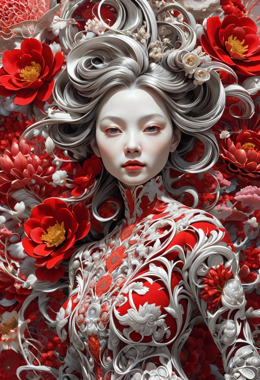 official art, unity 8k wallpaper, very detailed, beautiful and aesthetic, masterpiece, best quality, (zentangle, mandala, tangle, entangle), (fractal art:1.3) , 1 woman, Red flower, very detailed, dynamic angle, cowboy shot, The most beautiful form of chaos, elegant, brutal design, vivid colors, romanticism, james jean, Antono du Robbie, ros tran, Francis Bacon, It was really cold, Adrian Genius, Petra Courtwright, Gerhard Richter, takato yamamoto, ashley wood, atmosphere. 4k,8k,highres,masterpiece:1.2),ultra-detailed,(realistic,photorealistic,photo-realistic:1.37) 4k,8k,highres,masterpiece:1.2),ultra-detailed,